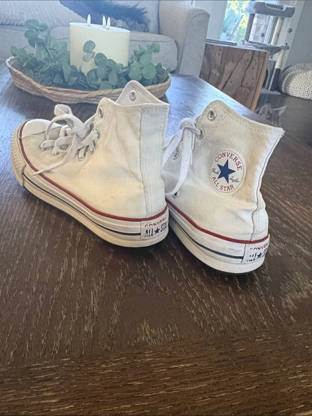 Converse Kids White High Top Sneakers with Red and Black Trim
